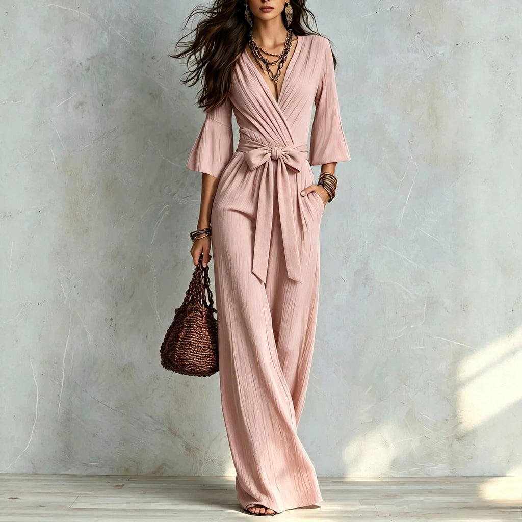 Deep V-neck Jumpsuit With Bubble Sleeves And Wide-leg Pants