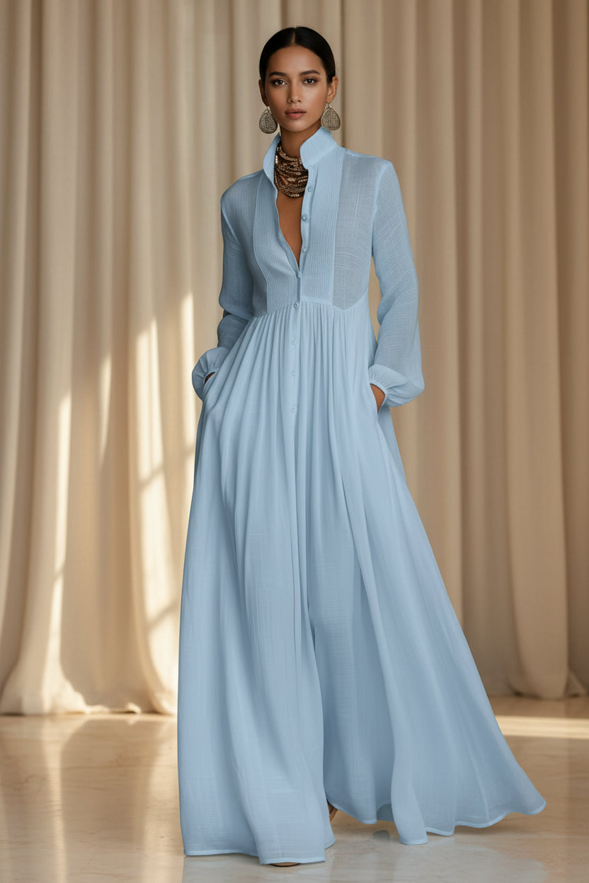 Chiffon French Style Long Sleeve Pleated A-Line Maxi Dress