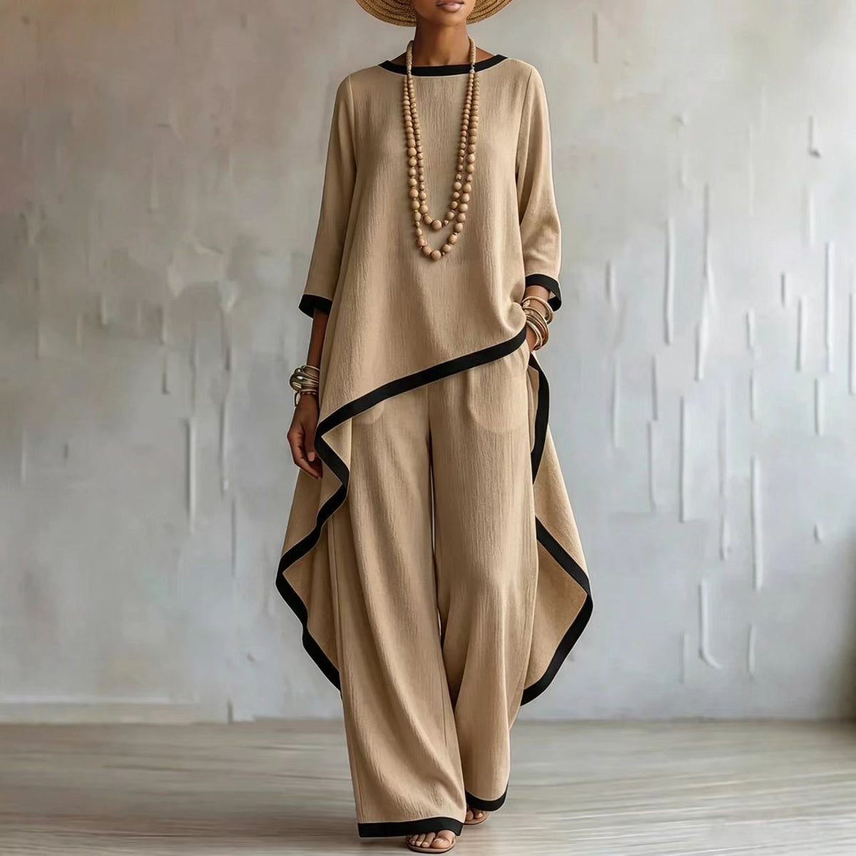 Women's Asymmetric Linen Tunic & Wide-Leg Pants Set