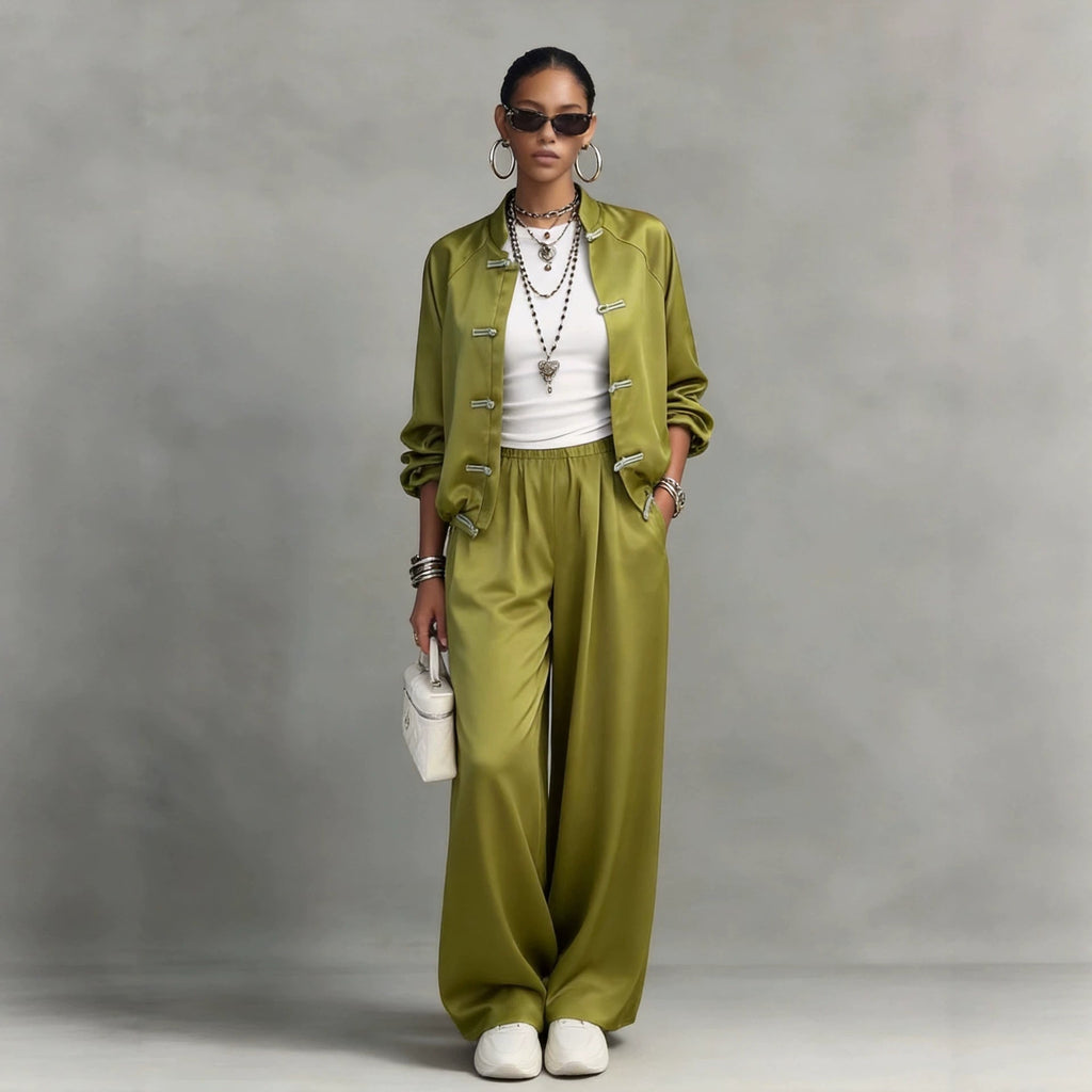 Satin Frog Button Jacket & Wide Leg Pants Set