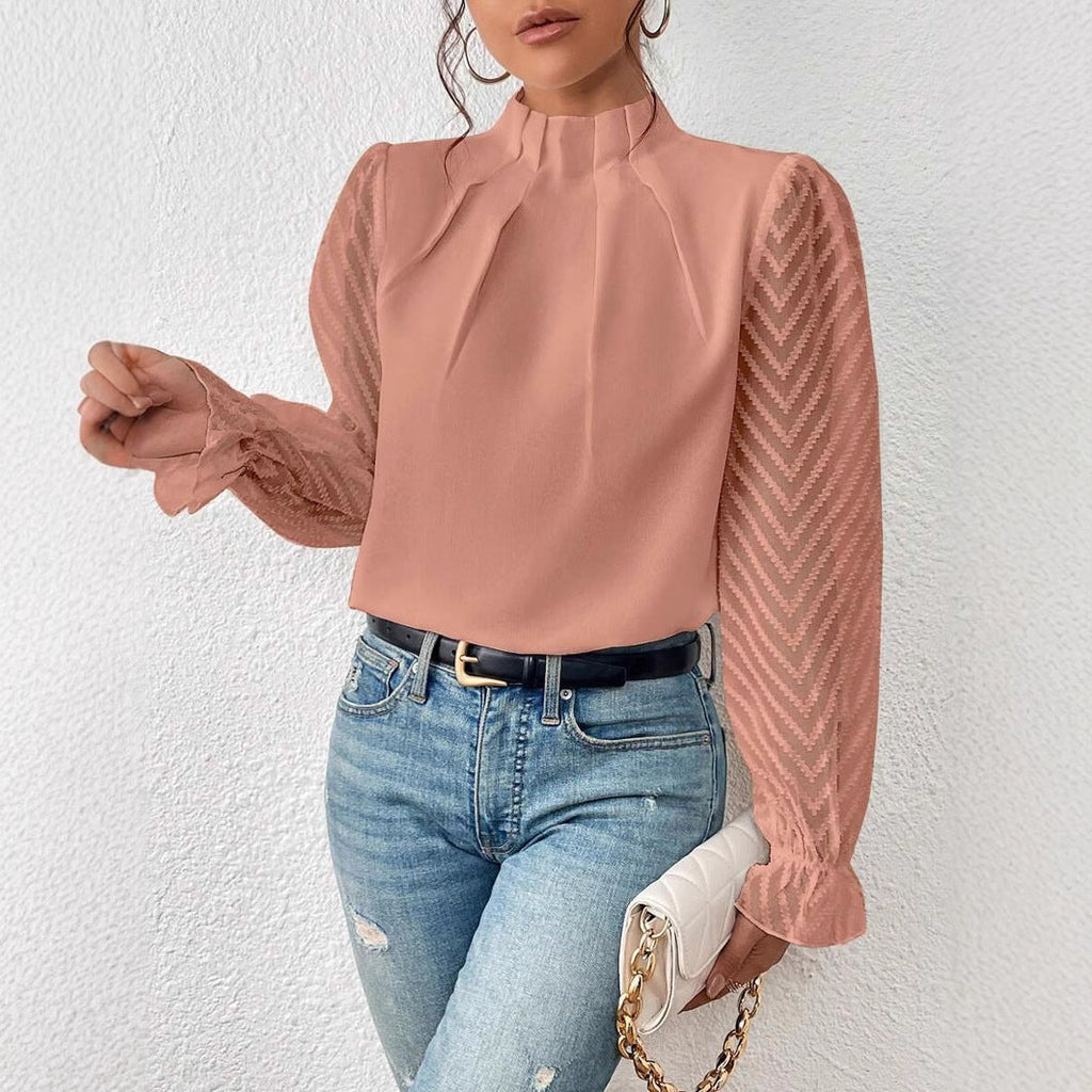 Wave Pattern Sheer Sleeves Blouse
