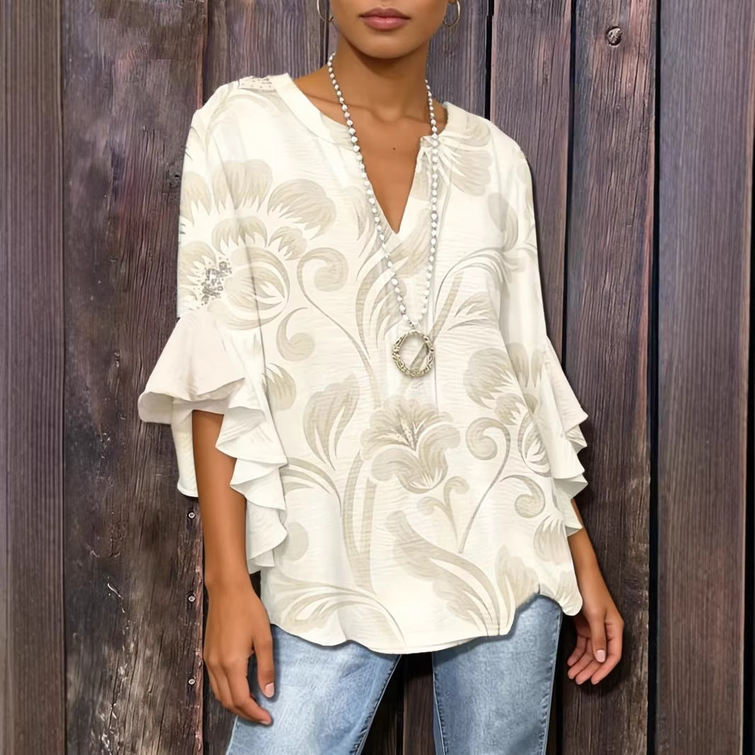 Lady 3D Print Ruffle Sleeve Loose Top