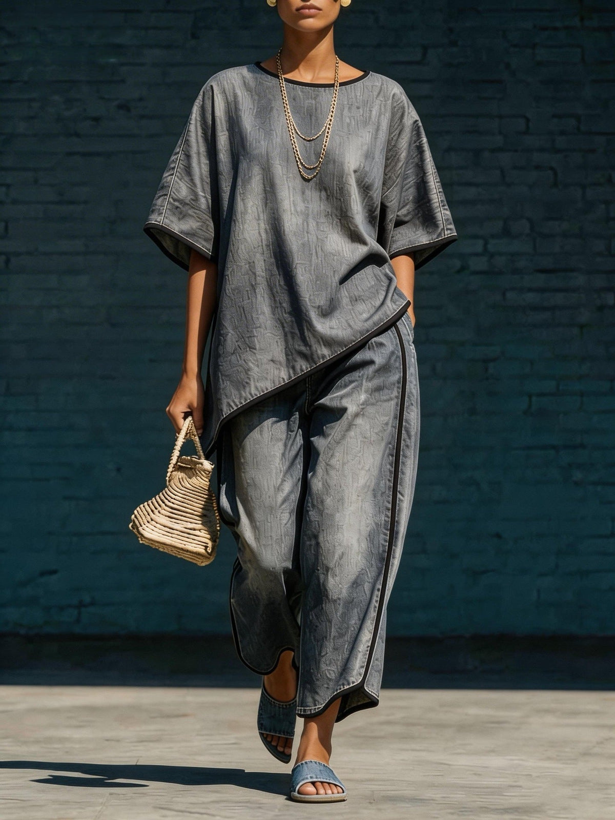 Denim-Style Knit Top & Wide-Leg Pants Set