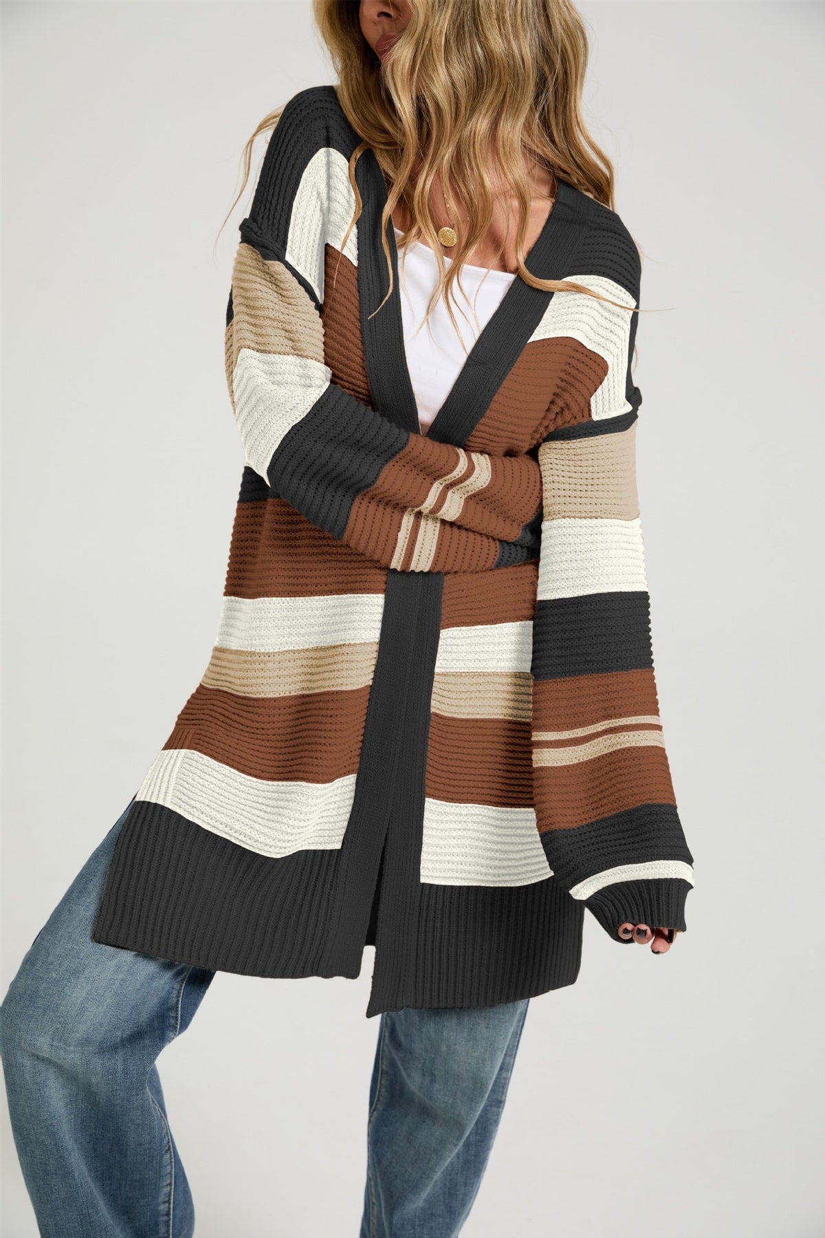 Color-Block Striped Knit Cardigan