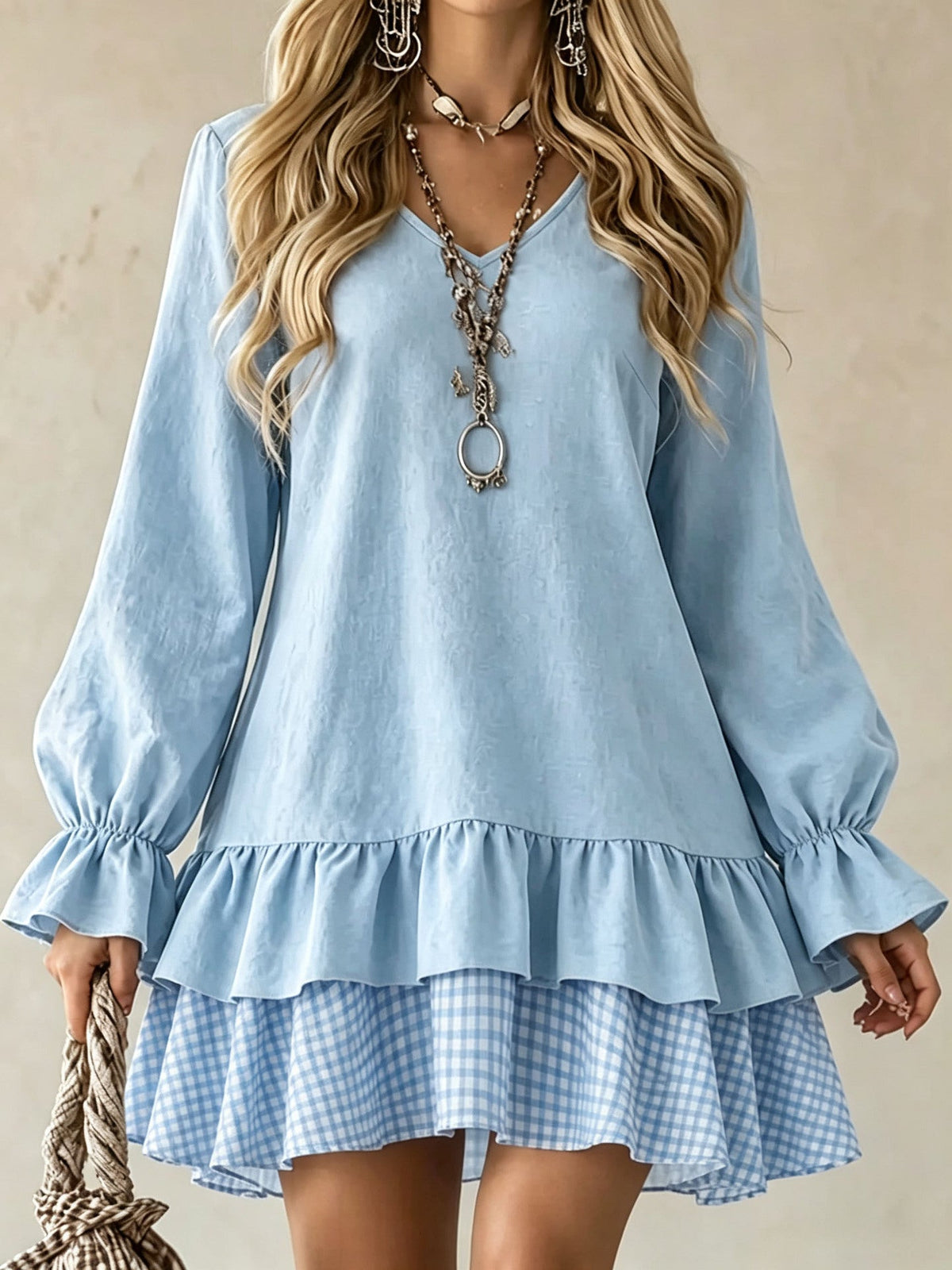 Plaid Patchwork Mini Dress W/ Ruffle Sleeve