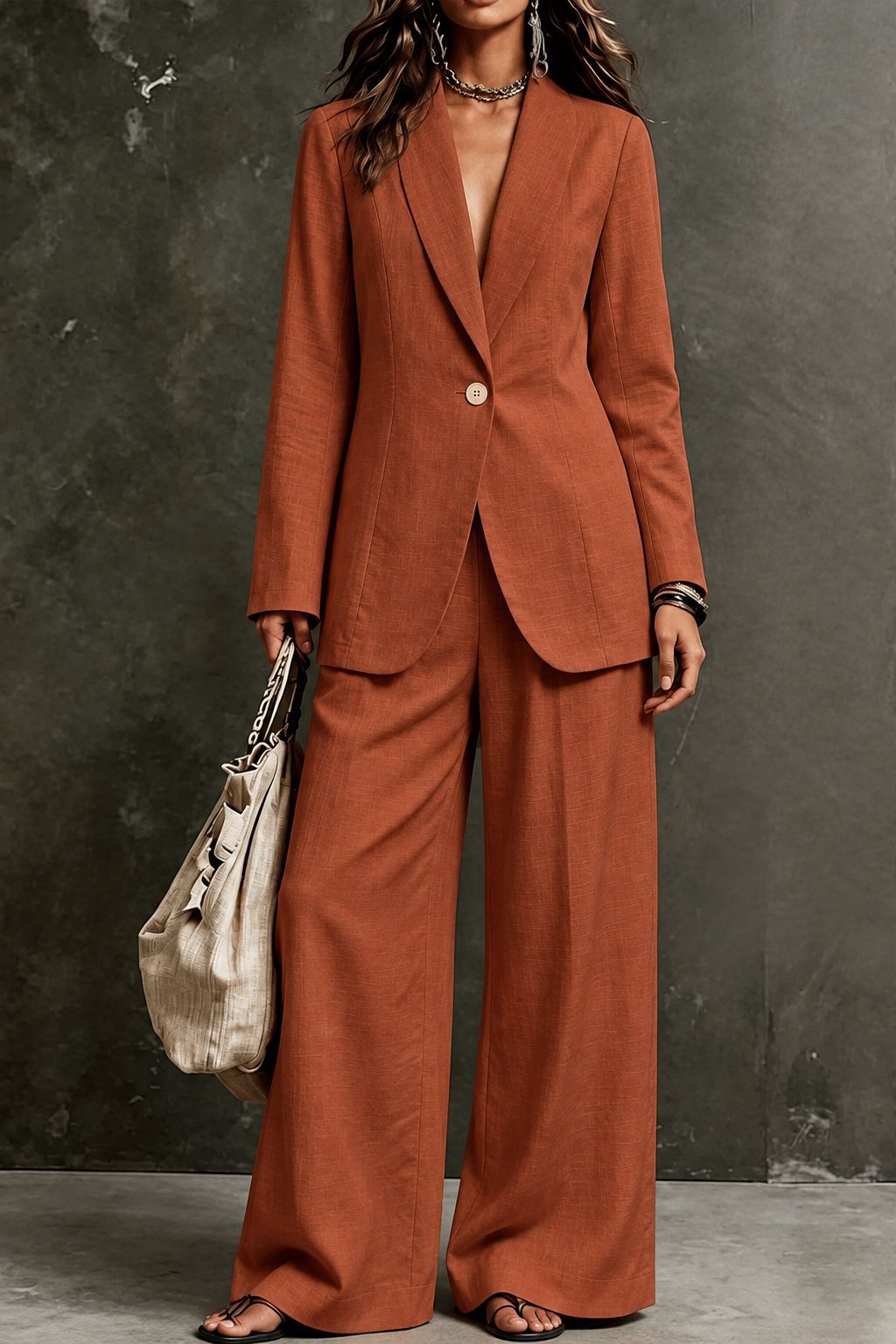 Women's Linen-Look Single-Button Blazer & Wide-Leg Trouser Suit Set