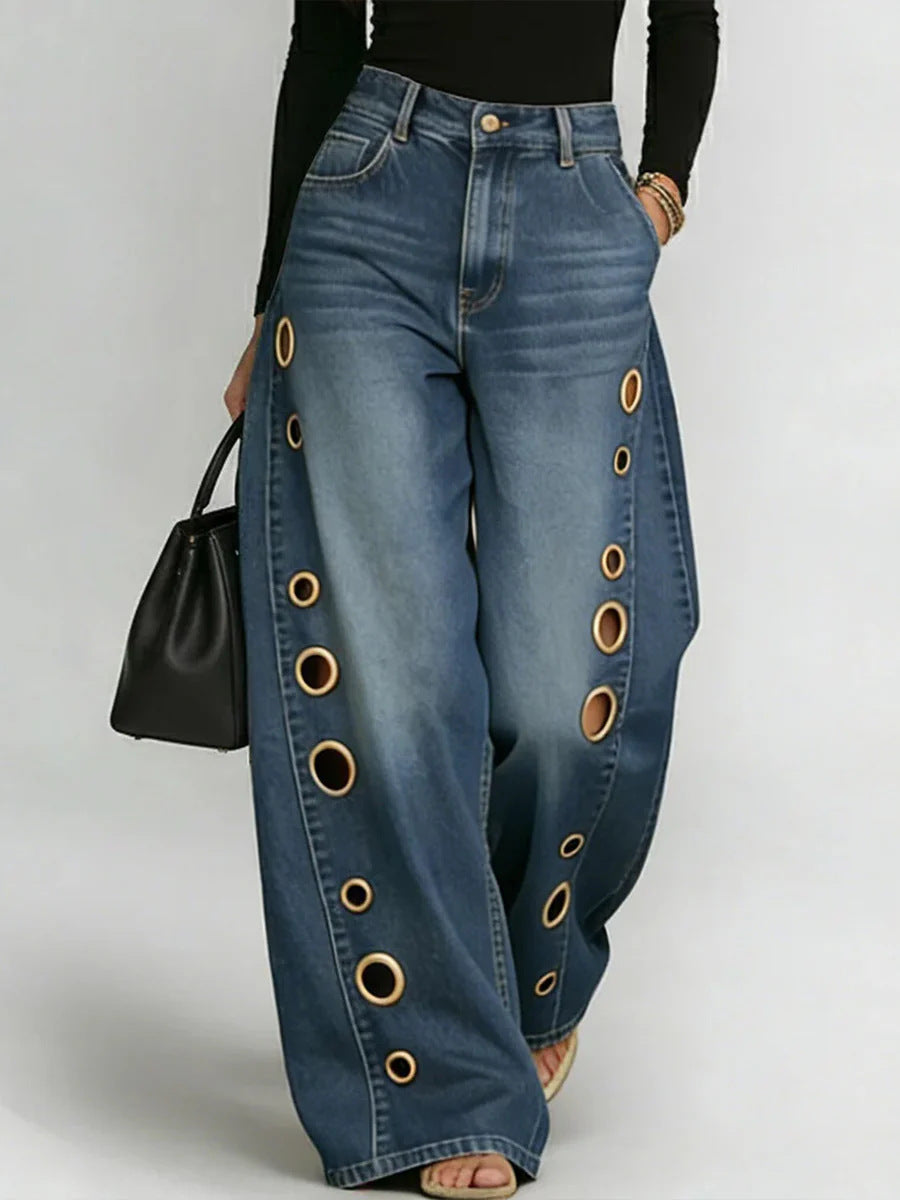 Metal Eyelet Loose Wide-Leg Jeans