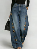 Metal Eyelet Loose Wide-Leg Jeans