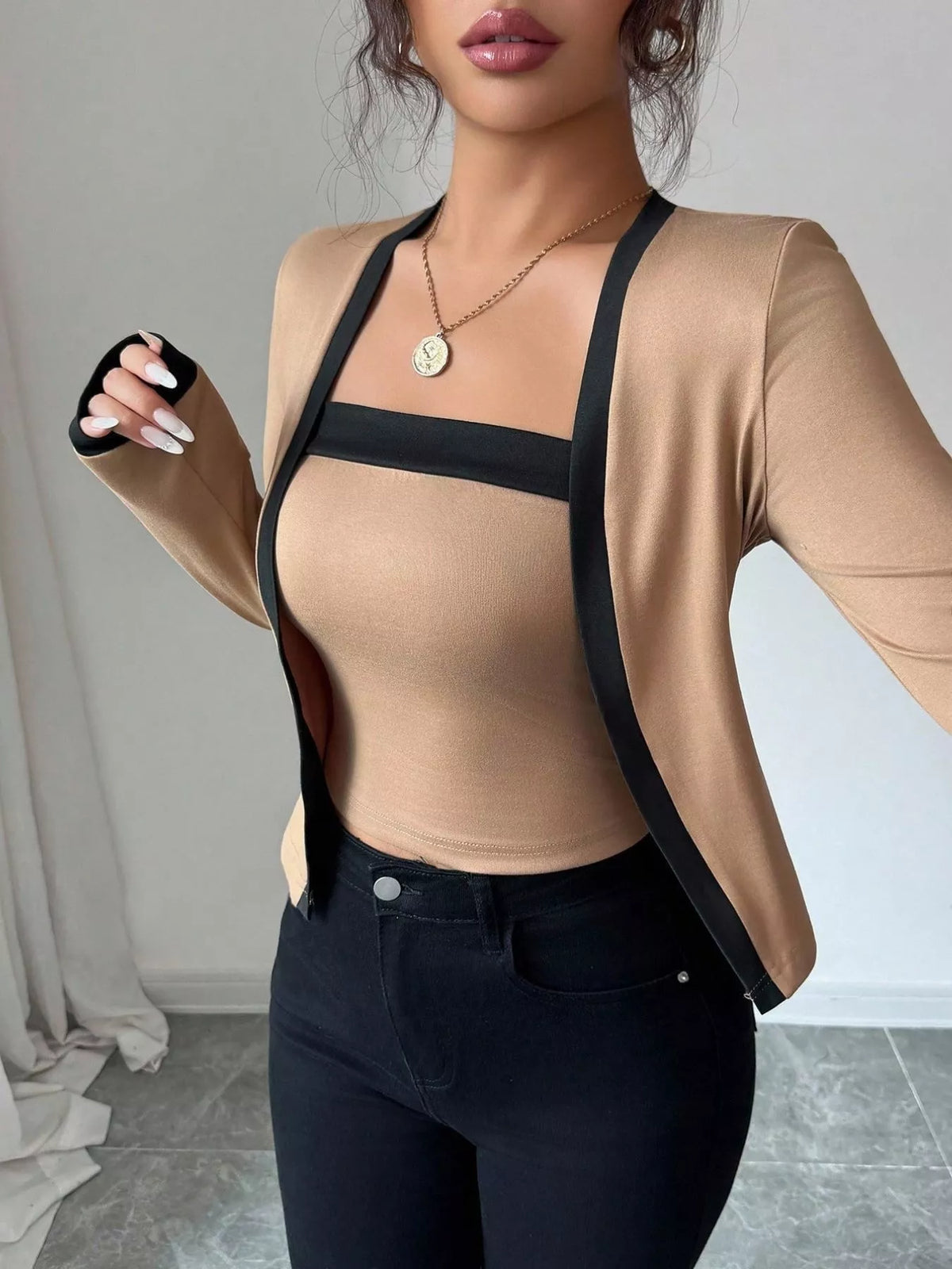 Contrast Trim Cardigan & Tank Top Set
