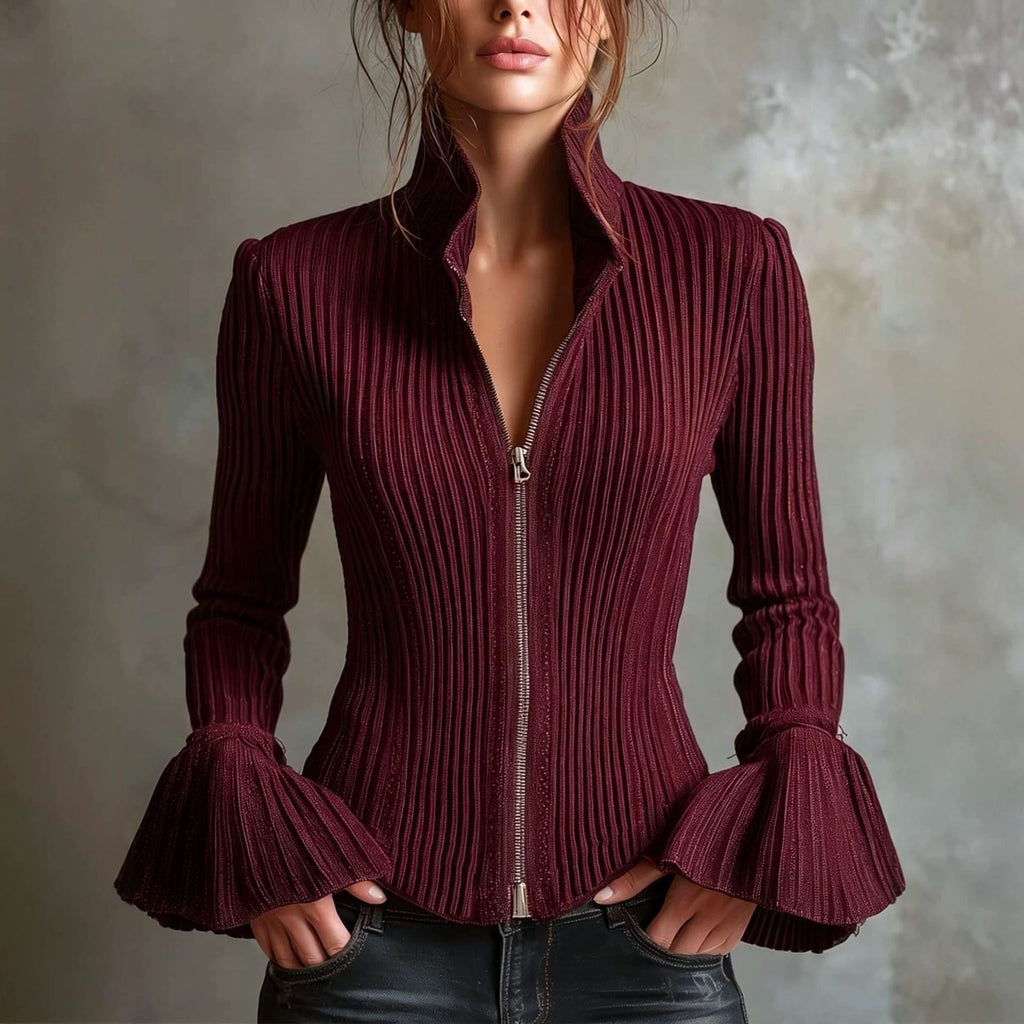 Slim-Fit Rib-Knit Zip-Up Top with Flared Cuffs