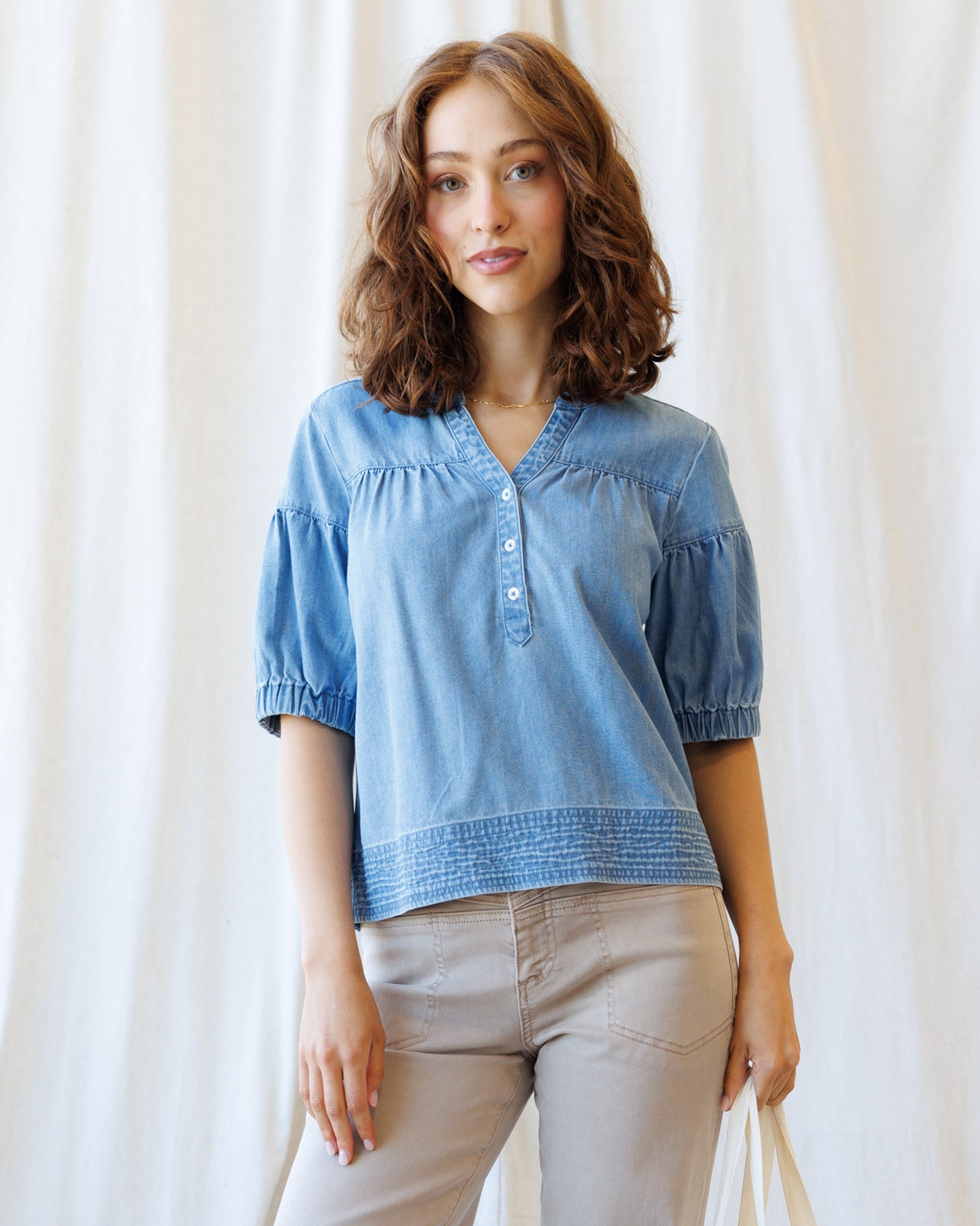 Ella Puff-Sleeve Chambray Blouse