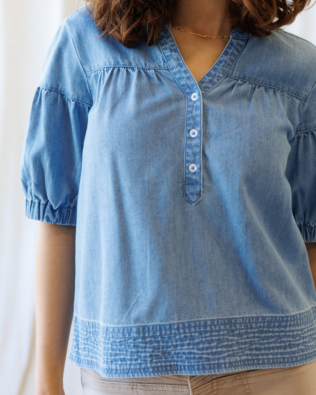 Ella Puff-Sleeve Chambray Blouse