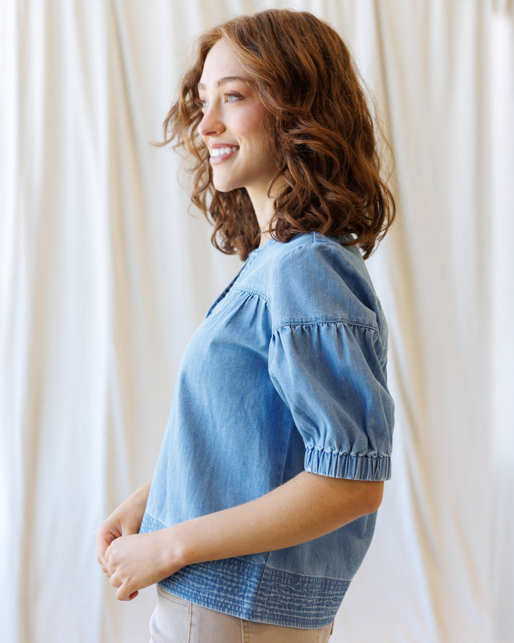 Ella Puff-Sleeve Chambray Blouse
