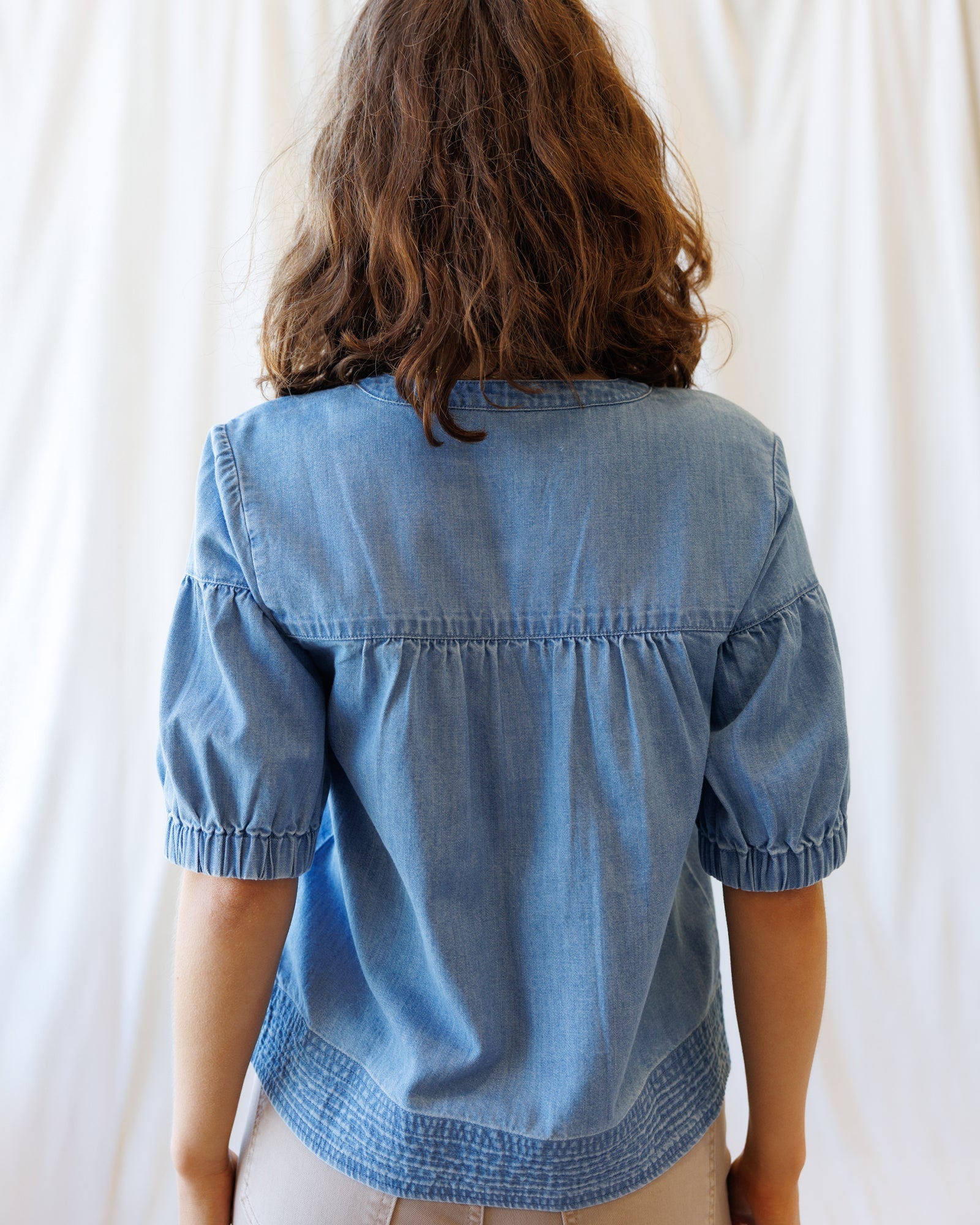 Ella Puff-Sleeve Chambray Blouse