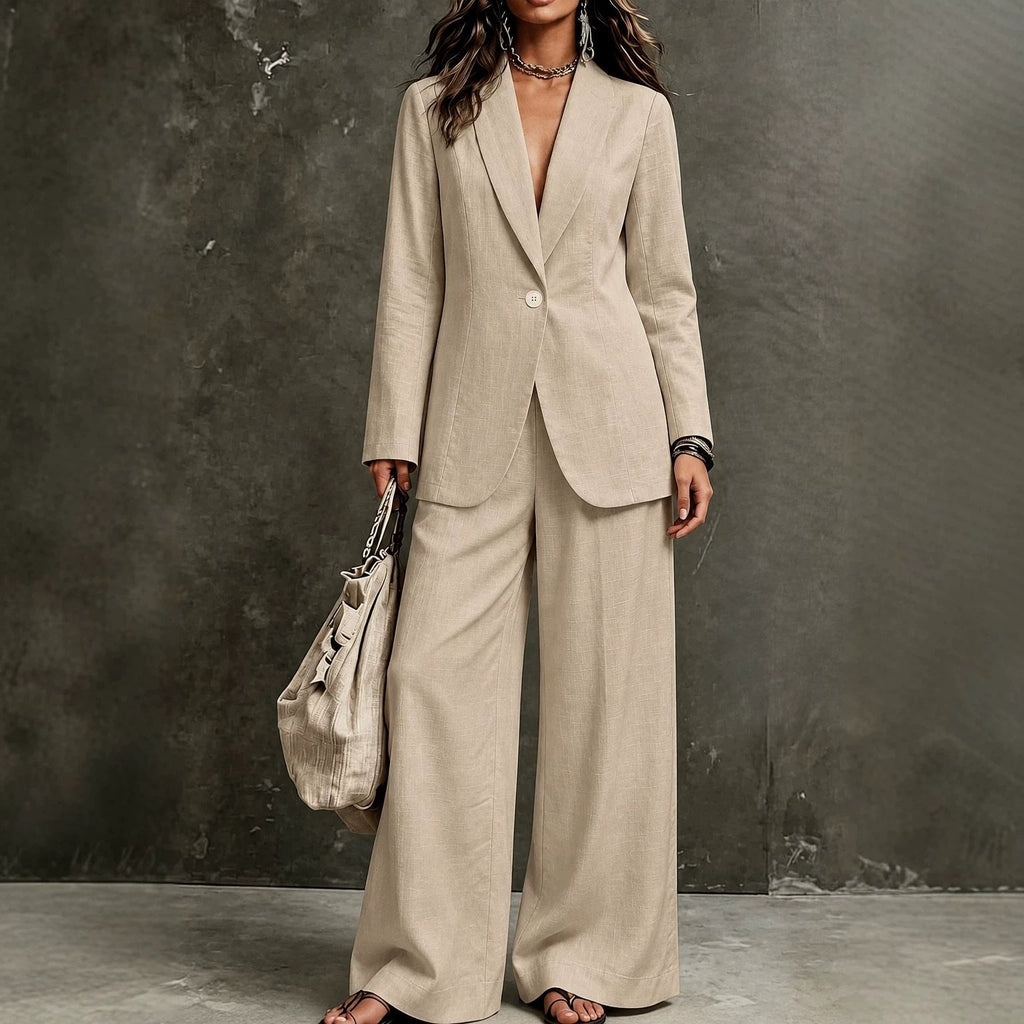 Women's Linen-Look Single-Button Blazer & Wide-Leg Trouser Suit Set