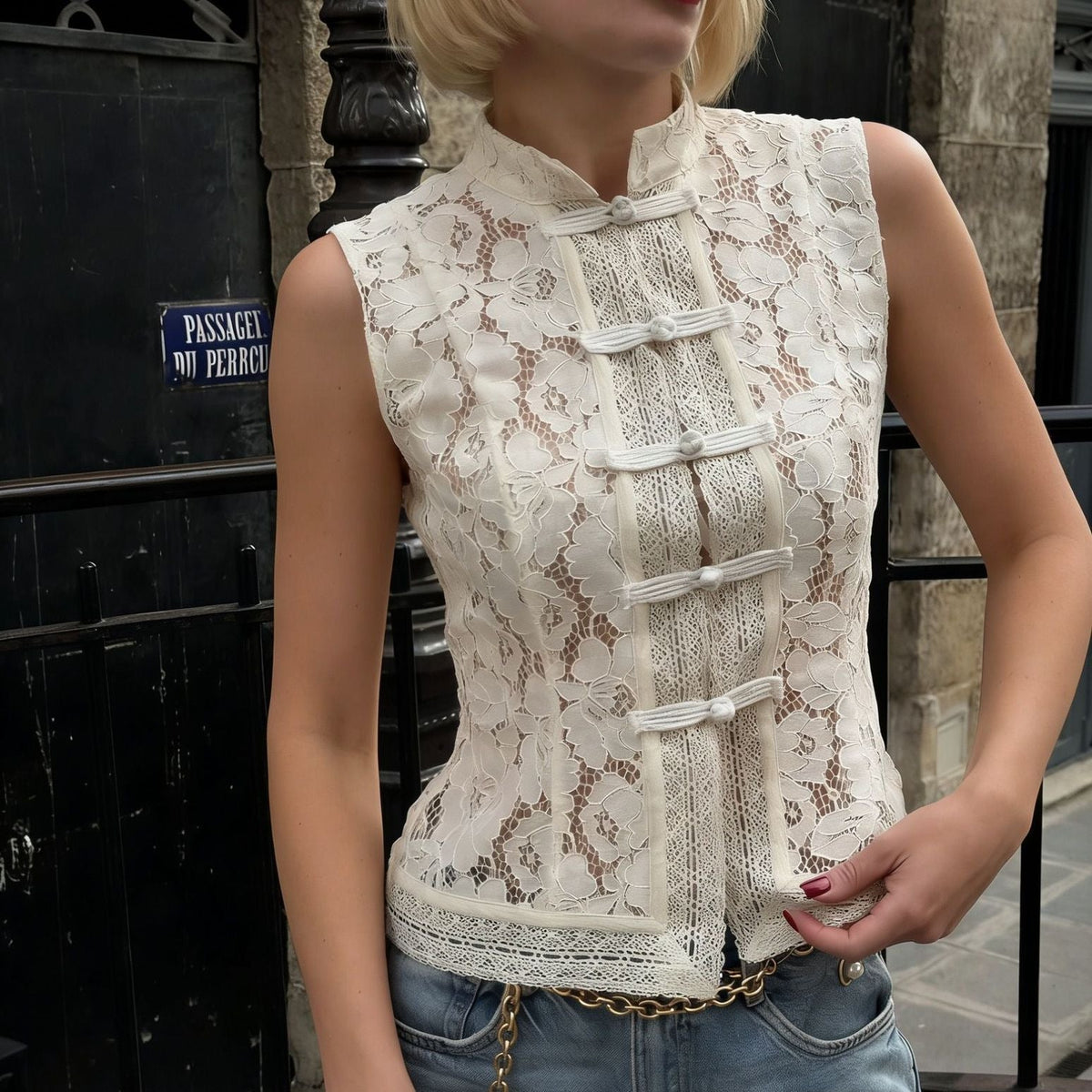 Vintage Lace Crochet Slim-Fit Top