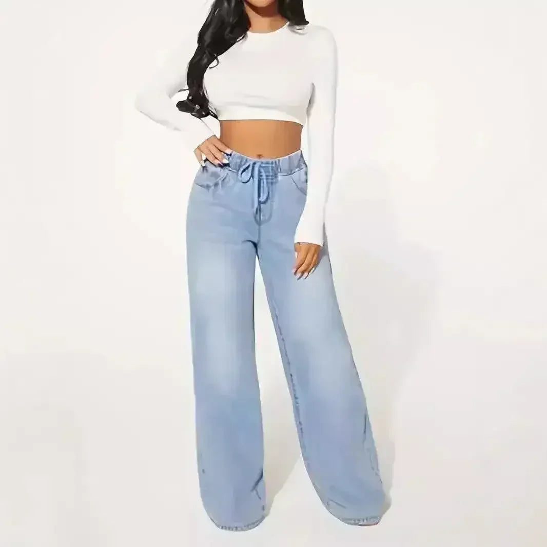 High Waist Drawstring Wide Leg Jeans