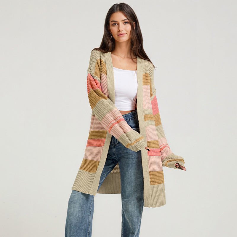 Color-Block Striped Knit Cardigan