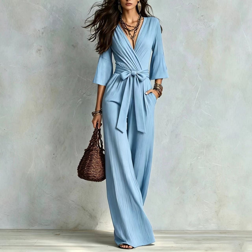 Deep V-neck Jumpsuit With Bubble Sleeves And Wide-leg Pants