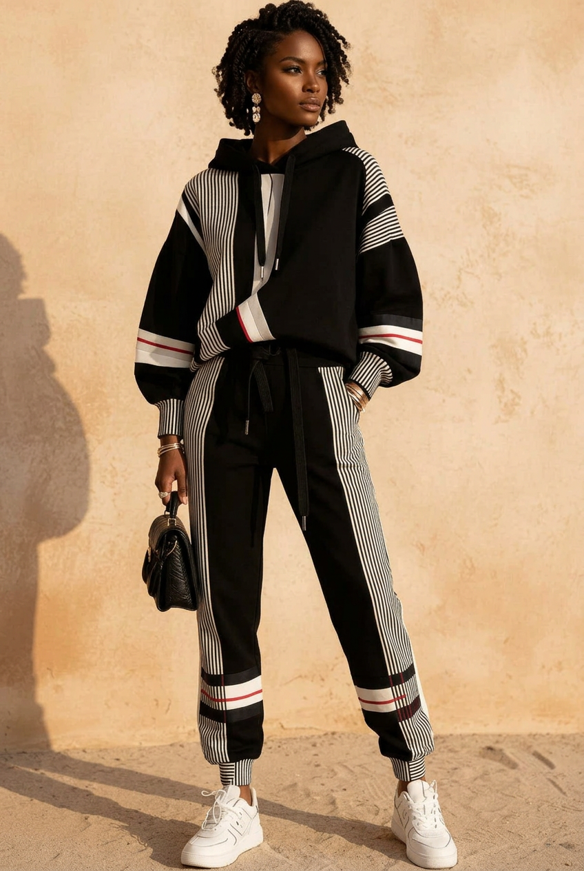 Monochrome Track Stripe Sweatshirt & Sweatpants