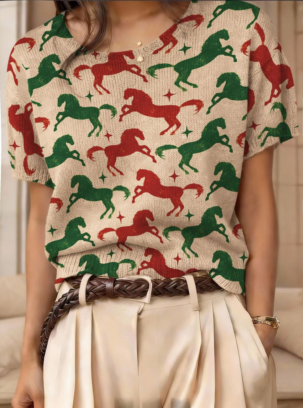 Retro Short-Sleeve Jacquard Knit Top