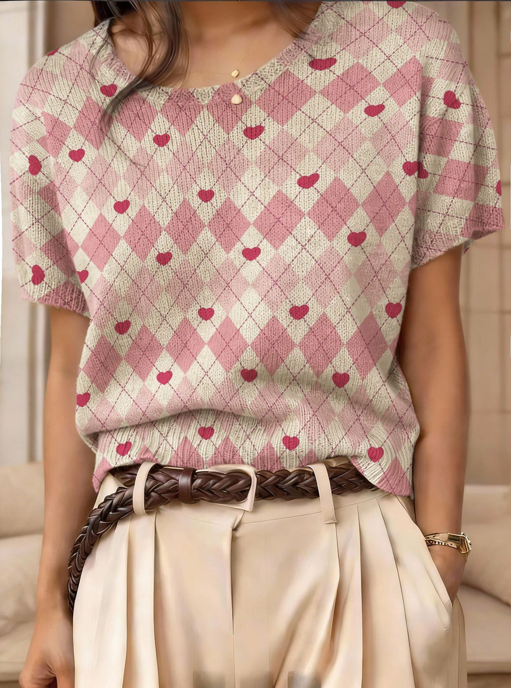Retro Short-Sleeve Jacquard Knit Top