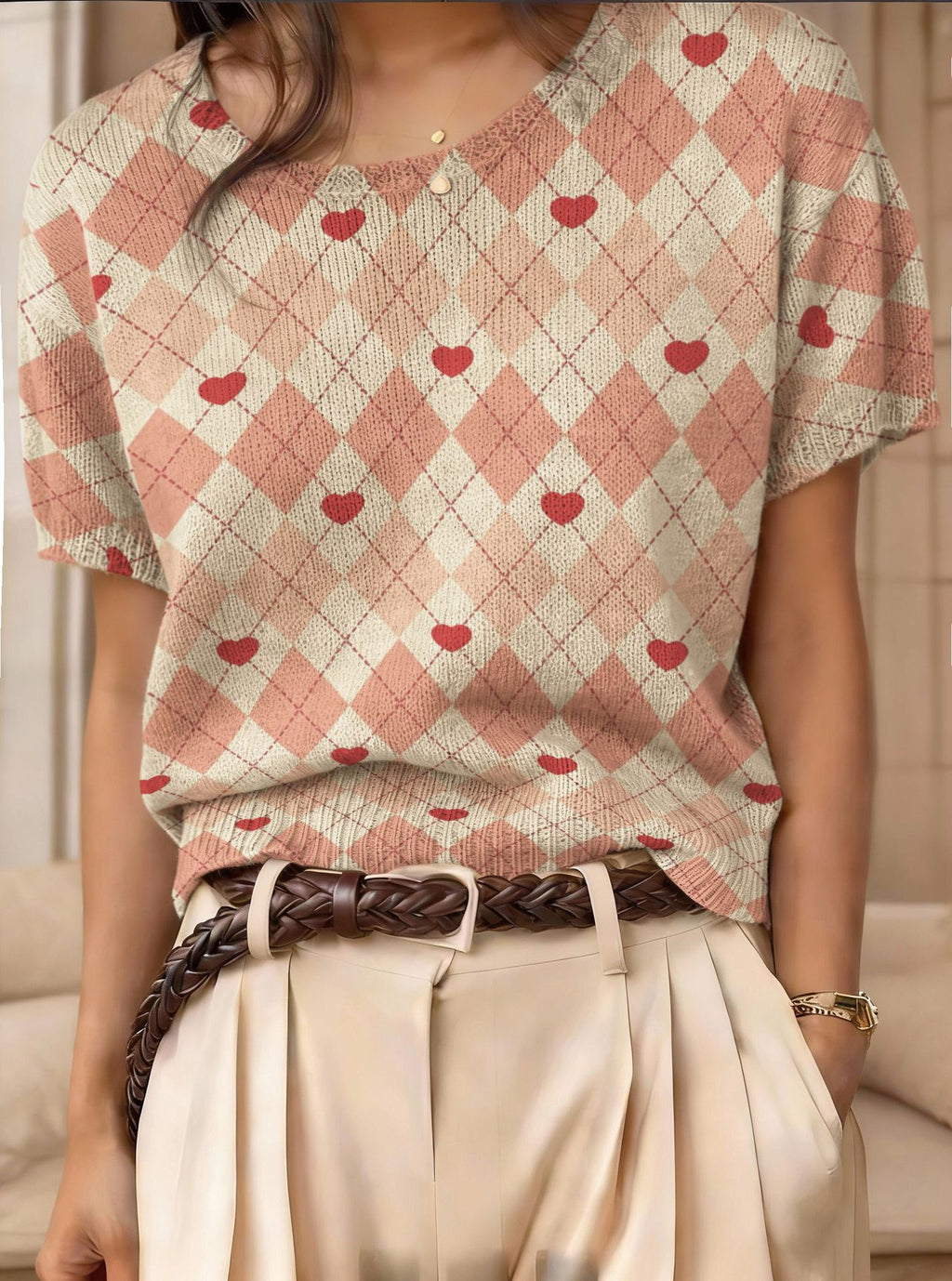 Retro Short-Sleeve Jacquard Knit Top