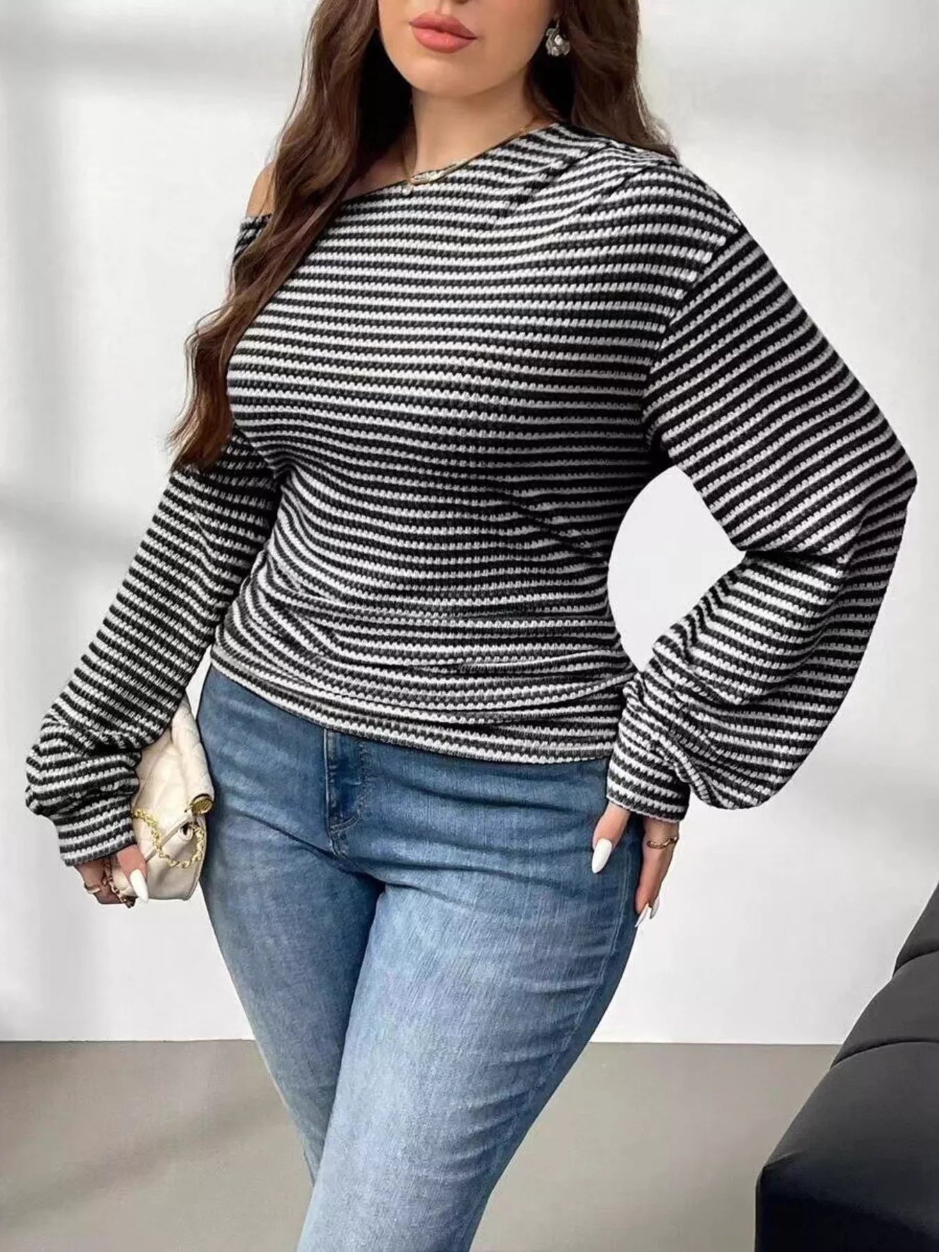 Plus Size Striped One-Shoulder Long Sleeve T-Shirt See size chart under “more details”