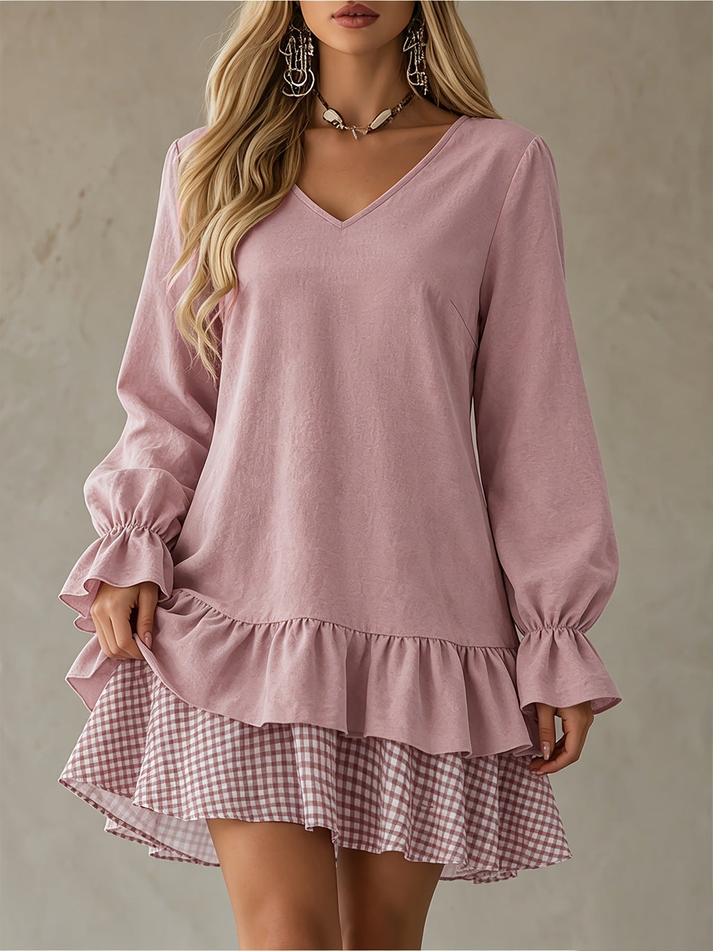 Plaid Patchwork Mini Dress W/ Ruffle Sleeve