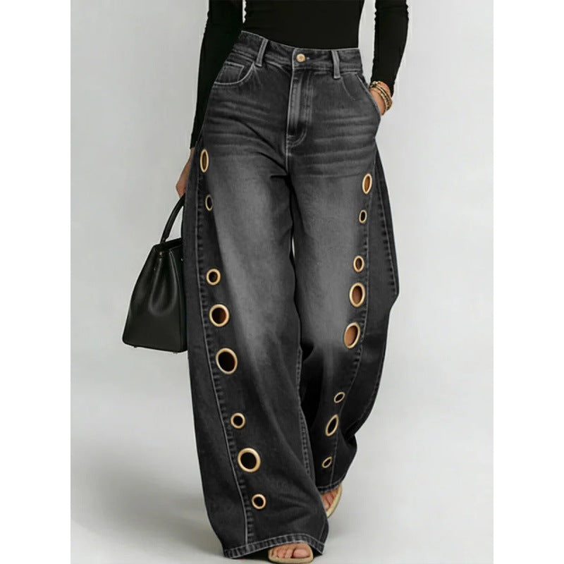 Metal Eyelet Loose Wide-Leg Jeans