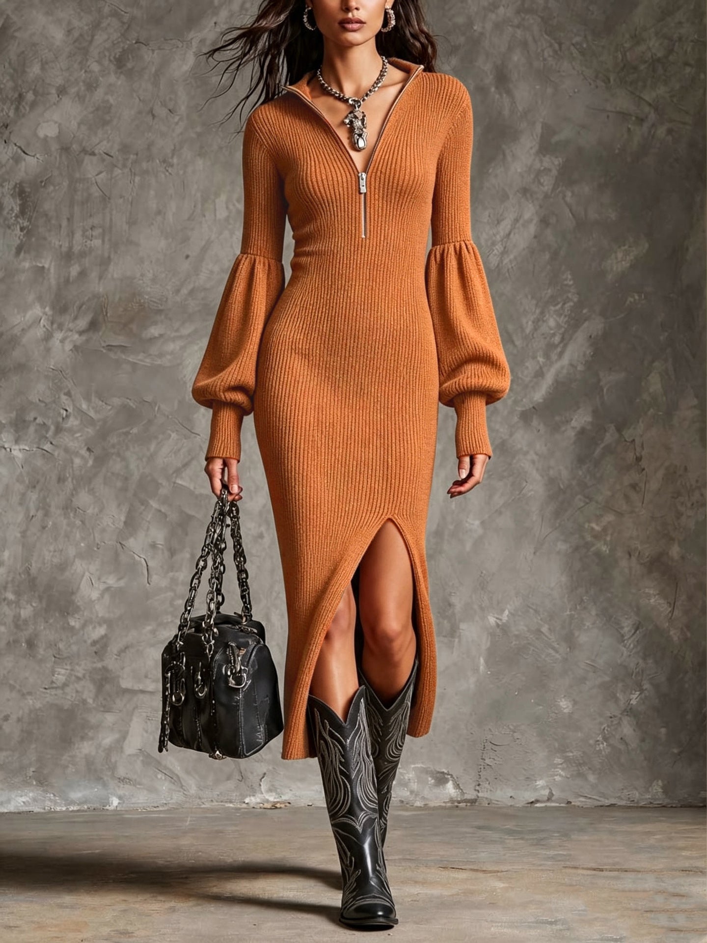 Lantern Sleeves Knit Midi Dress