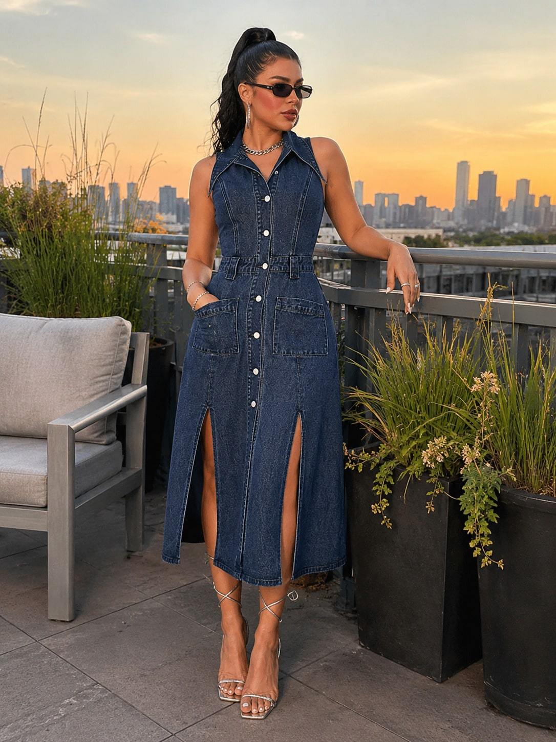 Retro Washed Denim Midi Dress