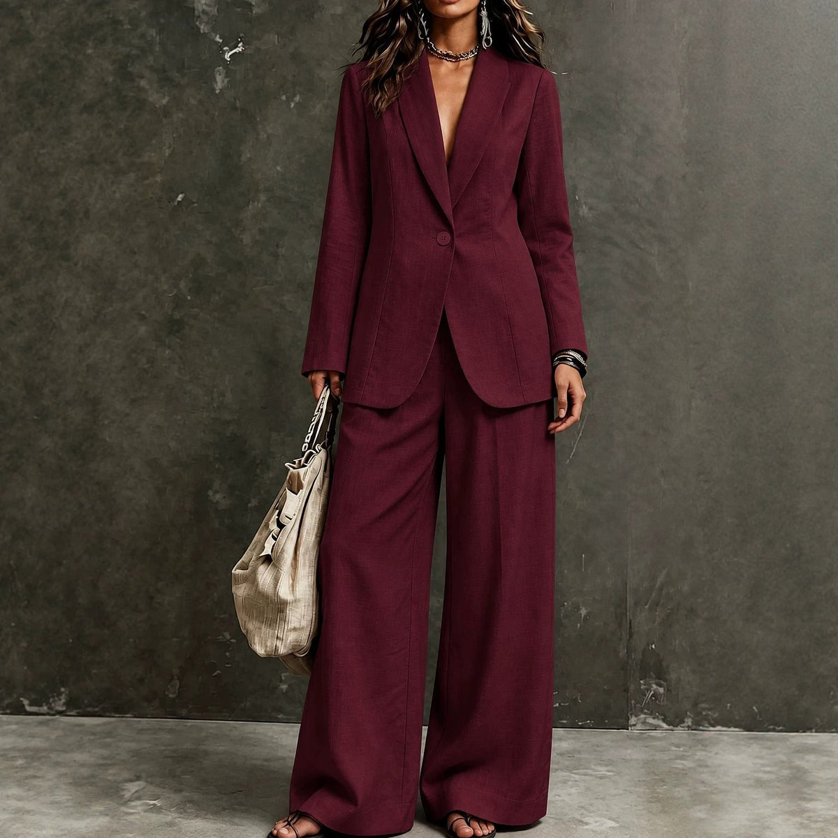 Women's Linen-Look Single-Button Blazer & Wide-Leg Trouser Suit Set