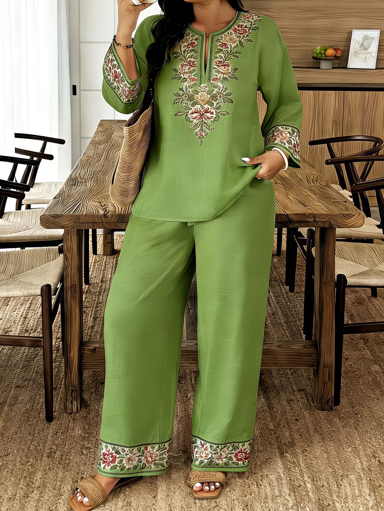 3D Two Piece Set with Long Sleeve Shirt and Cropped Pants