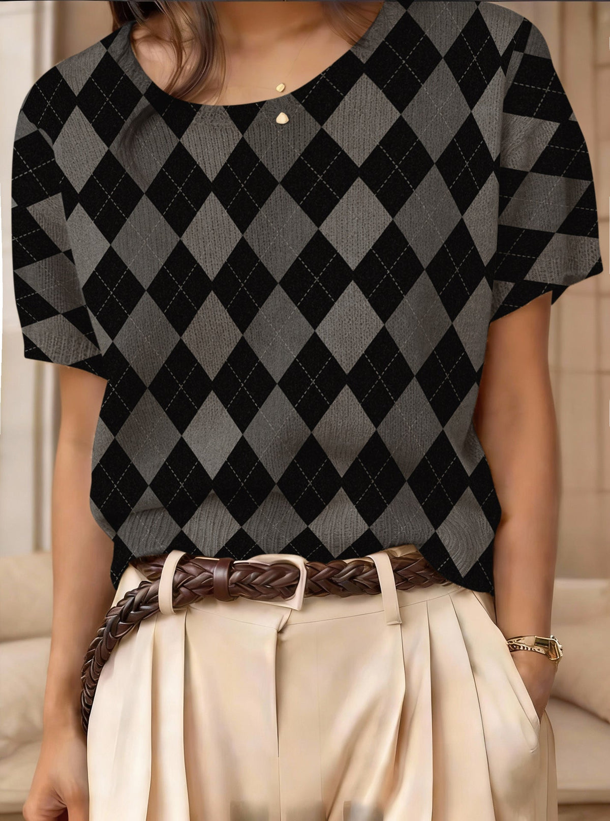Retro Short-Sleeve Jacquard Knit Top
