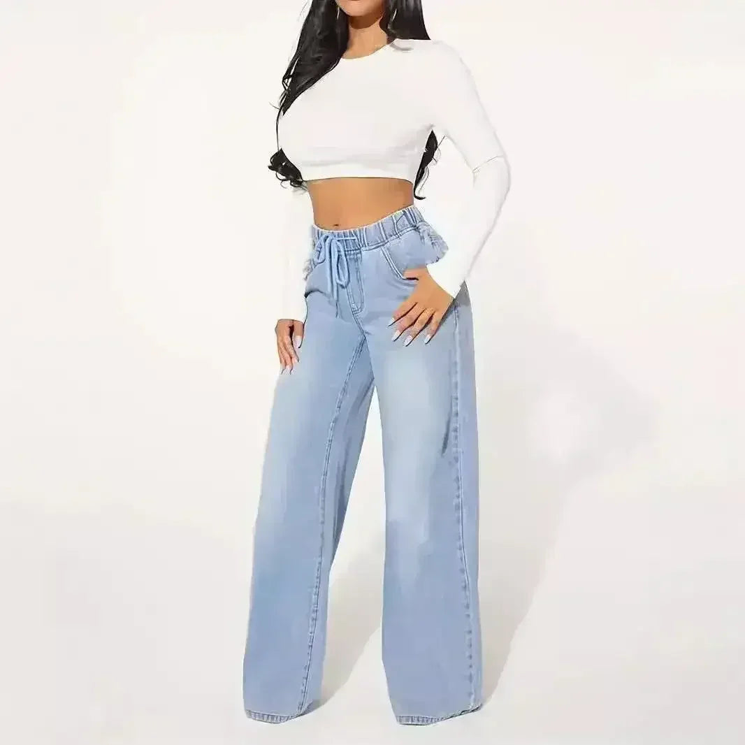 High Waist Drawstring Wide Leg Jeans