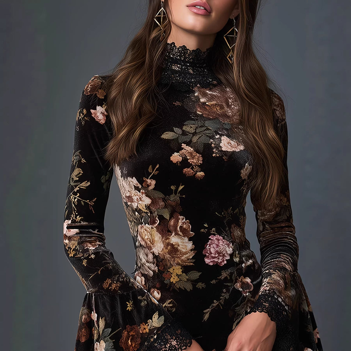 Vintage Floral Print Lace Mini Dress