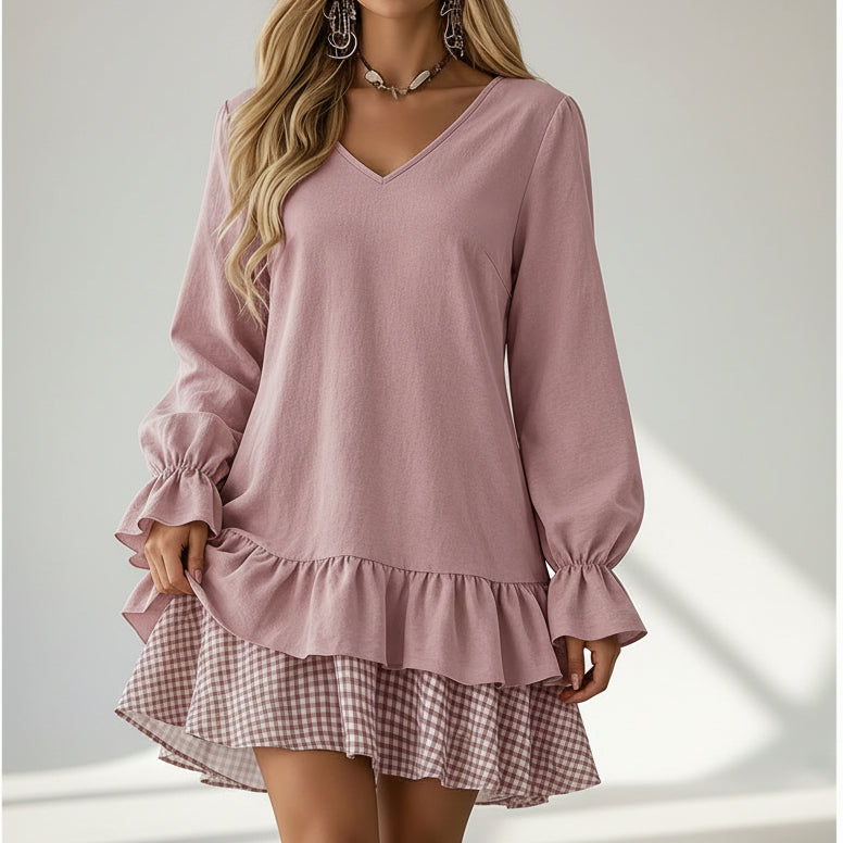 Plaid Patchwork Mini Dress W/ Ruffle Sleeve