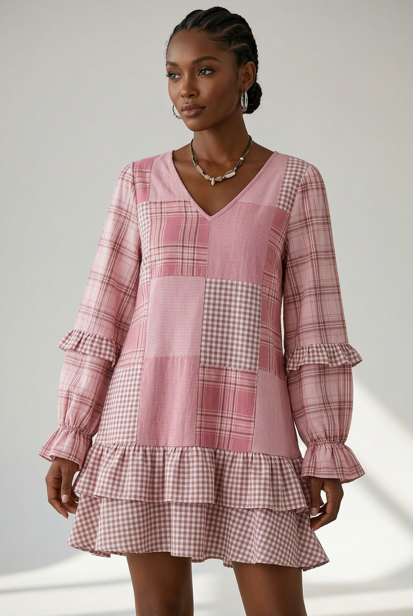 Plaid Patchwork Mini Dress W/ Ruffle Sleeve