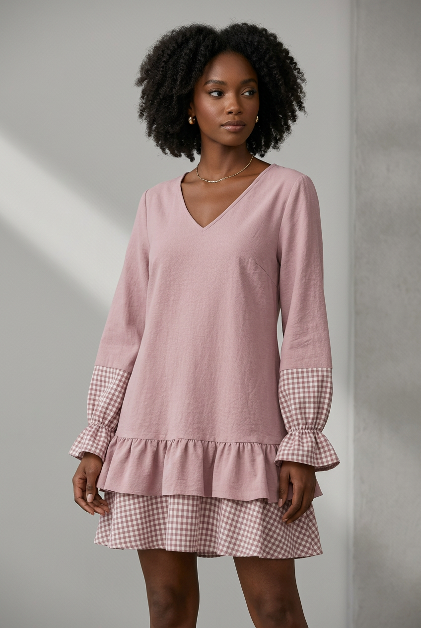 Plaid Patchwork Mini Dress W/ Ruffle Sleeve