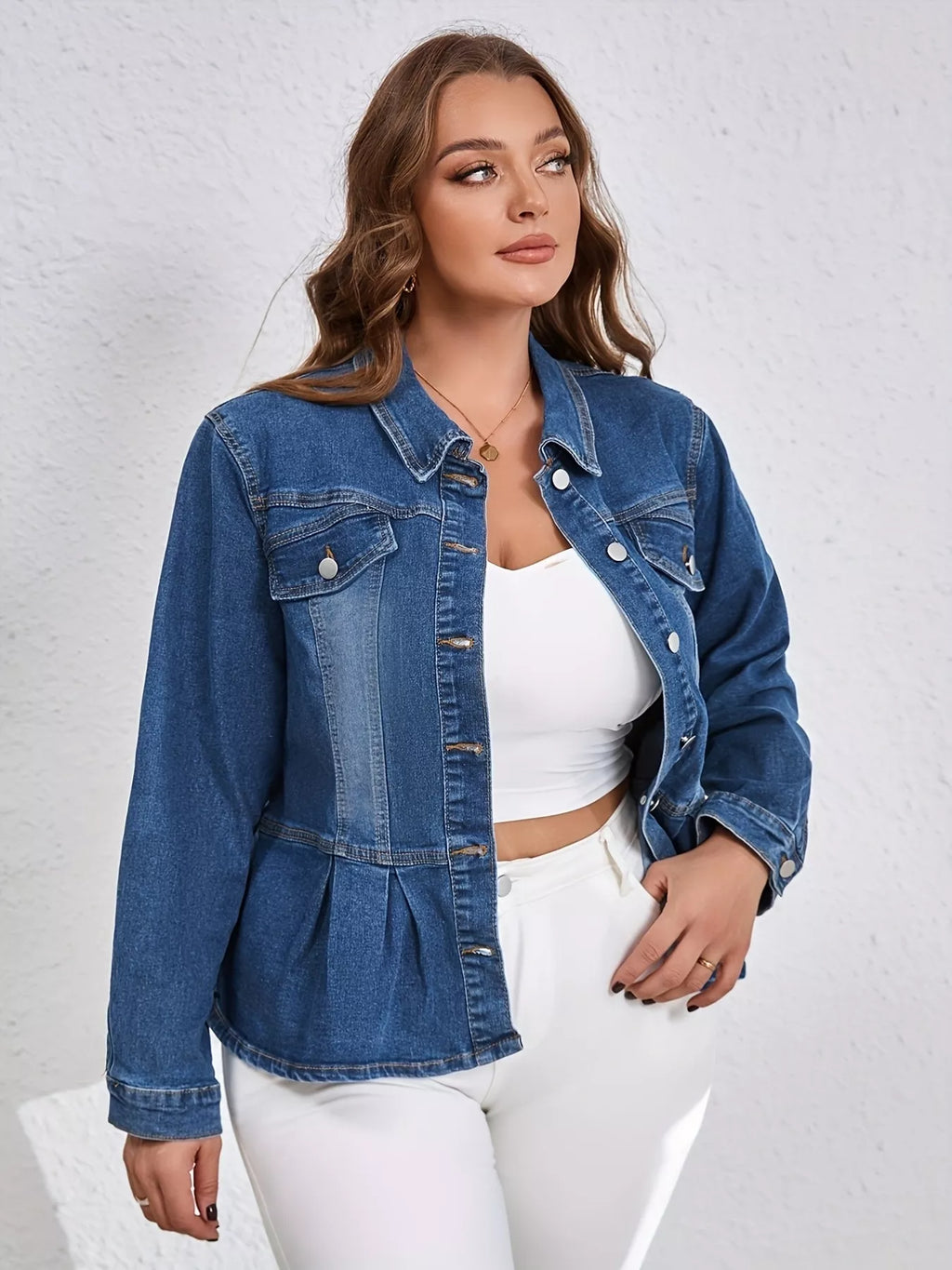 Plus Size Button-Up Peplum Denim Jacket See size chart under “more details”