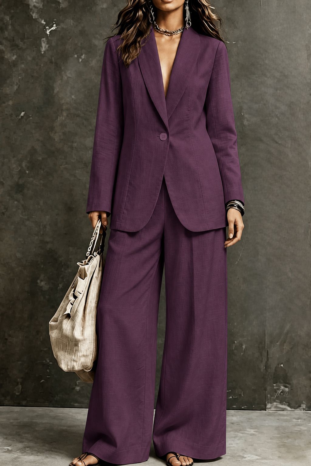 Women's Linen-Look Single-Button Blazer & Wide-Leg Trouser Suit Set
