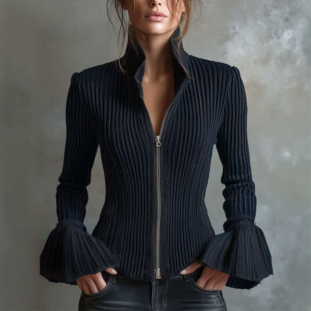 Slim-Fit Rib-Knit Zip-Up Top