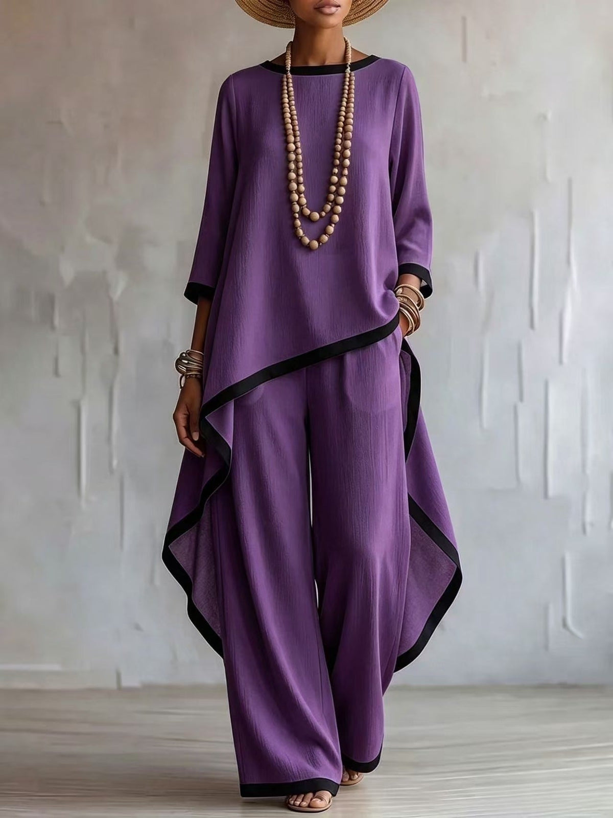 Women's Asymmetric Linen Tunic & Wide-Leg Pants Set