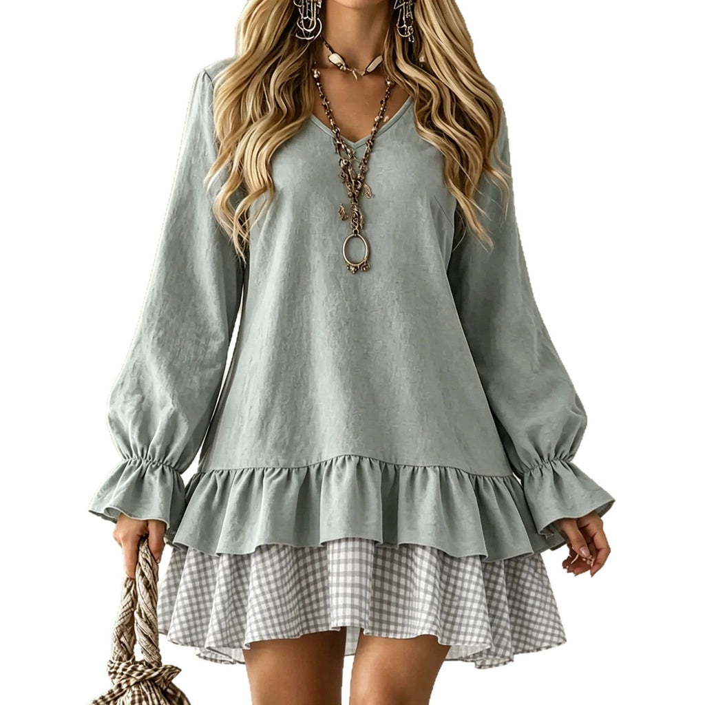 Plaid Patchwork Mini Dress W/ Ruffle Sleeve