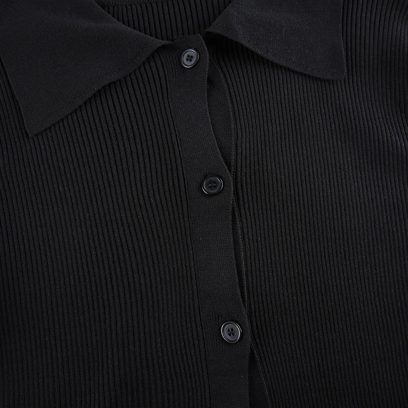 Ribbed Knit Button Cardigan Top – Black