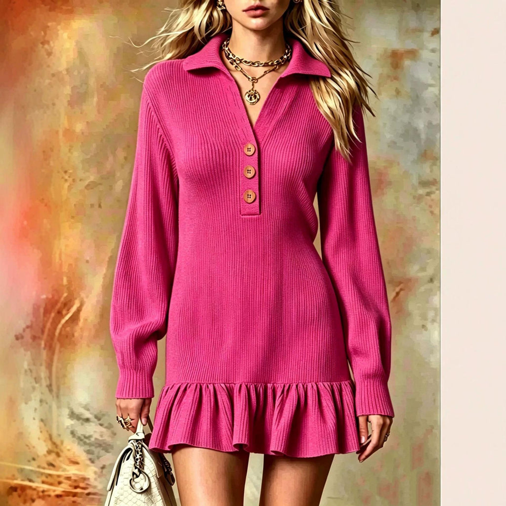 Ribbed Knit Polo Dress W/ Ruffle Hem Mini Dress