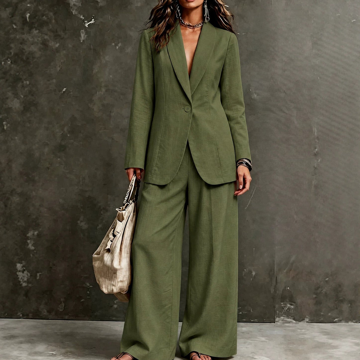 Women's Linen-Look Single-Button Blazer & Wide-Leg Trouser Suit Set