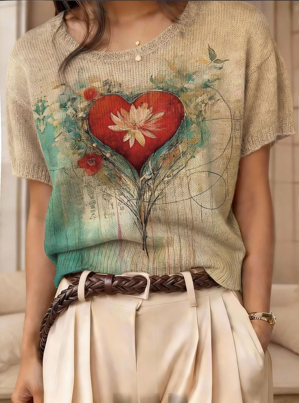 Retro Short-Sleeve Jacquard Knit Top