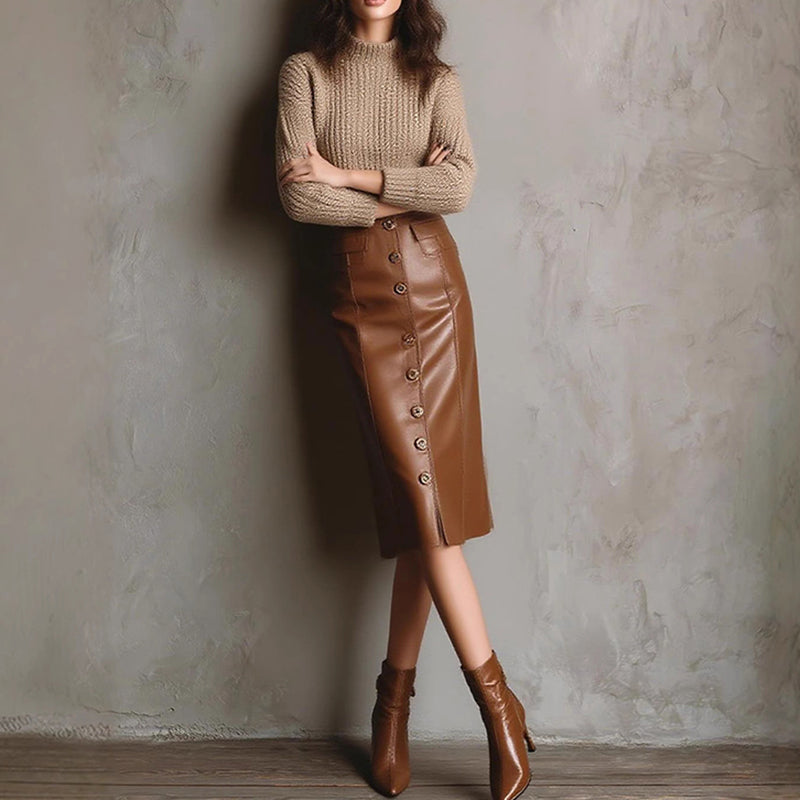 Faux Leather Bodycon Midi Skirt